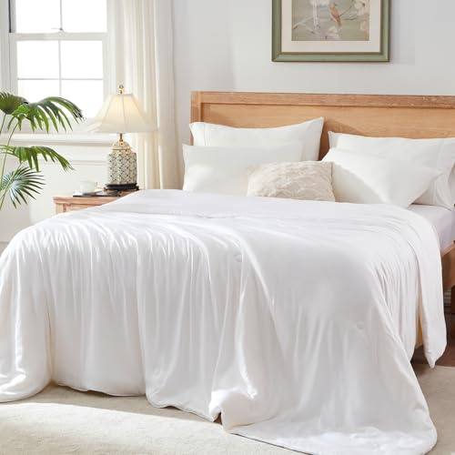 Globon Cooling Comforter Oversized King,Lightweight Summer Comforter for Hot Sleepers,Ultra Soft Bamboo Viscose Fabric, Breathable & Moisture Wicking,Soy Fiber Blend Fill, White