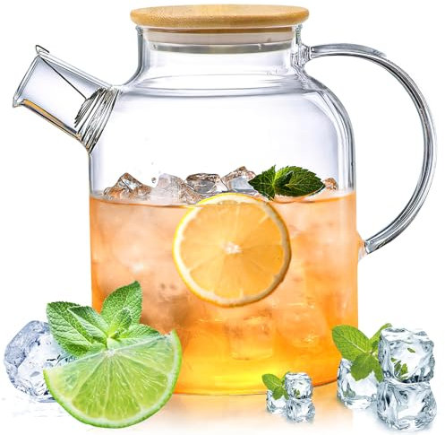 Teiera in Vetro, 1.8L Brocca Acqua Vetro con Coperchio in Bambù, Resistente al Freddo e ai Calore, Teiera con Filtro nel Beccuccio, Caraffa in Borosilicato, Adatto per Tè e Bevande Alla Frutta