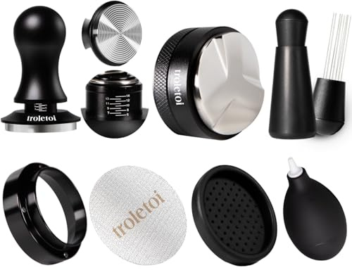 7-delars Espresso Tillbehör Set 58 mm, Tamper, Kaffedistributör, WDT Tool | Puck Screen och Dosertratt, Professionella Espresso Tillbehör, kompatibla med 58 mm portafilter och espressomaskiner
