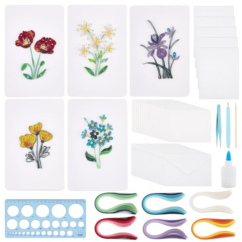 WEBEEDY 20 Sets Flower Card Making Kit Paper Quilling Kit with Instruction for Adult Beginner 5 Styles 3D Greeting Card Handmade Tulips Lilies Iris Lilacs Cards for Christmas Birthday Wedding Decor