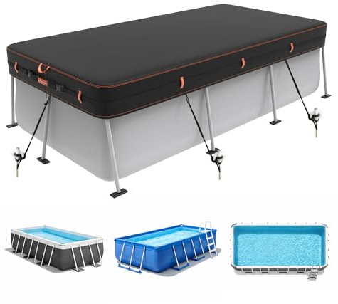 Cubierta de piscina rectangular resistente 420D para piscinas sobre el suelo, impermeable, anti UV, cubierta de piscina de natación al aire libre con cordón, correas y clavijas de suelo, protector de