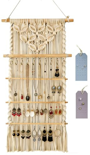 Macrame Jewelry Hanger, Hanging Jewelry Organizer,Boho Earring Holder Wall Mounted Necklace Holder, Tapestry Earrings Display, Bracelet Storage Minimalist Decor Tassel for Women Room (White)
