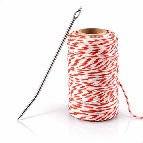 Kerafactum Filo per arrosti con ago da lardellare set iniziale – Spago da cucina resistente al calore rosso bianco 100g + Ago per arrosti acciaio inossidabile curvo 20cm | Spago per griglia spago da