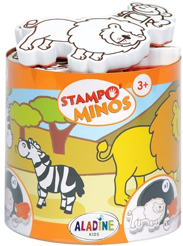 Aladine 3085100, Stempelset Minos Safari Savanne, inkl. 10 Stempel und 1 Stempelkissen, kreativer Stempelspaß für Kinder ab 3 Jahren