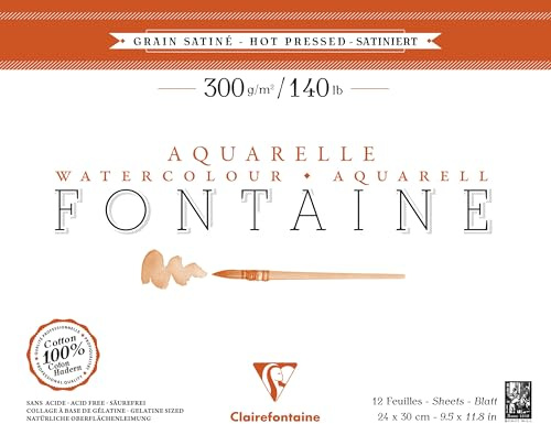 Clairefontaine 96349C akvarellblock fontaine satin (100% hår, finkornig slät, lämplig för våt och torr teknik, syrafri, 300 g, 14 x 30 cm, 12 ark) vit