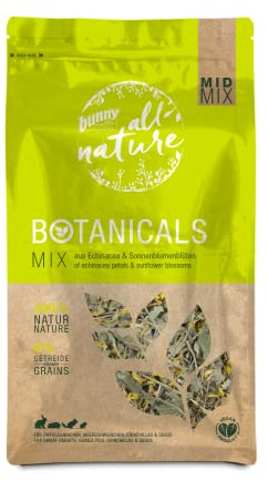 Bunny Nature BOTANICALS MID Mix – in Echinacea e fiori di girasole | 140 g | Mangime complementare per conigli nani, porcellini d'India, cincillà e degus | Senza additivi di zucchero