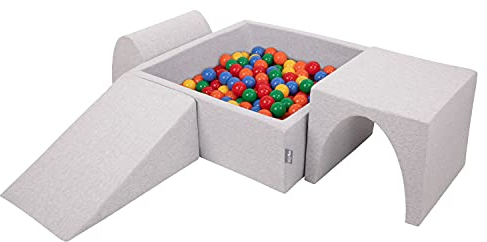 KiddyMoon Spielplatz Aus Schaumstoff Mit Quadrat Bällebad (200 Bälle) Ballgruben Für Babys Spielbad Hindernisläufen, Hergestellt In Der EU, Hellgrau:Gelb/Grün/Blau/Rot/Orange
