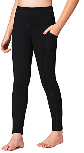 Stelle Girls Athletic Active Dance Tight Legging Pants with Pockets for Running Yoga Workout (Black (2 Side Pocket), 8-9 Years)