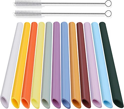 ALINK Lot de 12 pailles réutilisables Boba en plastique, design pointu, pailles à smoothies colorées de 26 cm de long avec 2 brosses de nettoyage