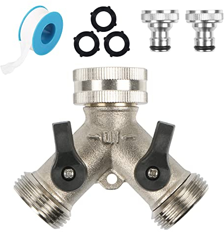 2-Voies Y-Distributeur, Adaptateur Tuyau Arrosage en Laiton de 3/4, Robinet Double Machine a Laver, pour Lave-Linge, Salle de Bain, Cuisine, avec 2 Répartiteur de Tuyau, 3 Rondelles et 1 Un Ruban