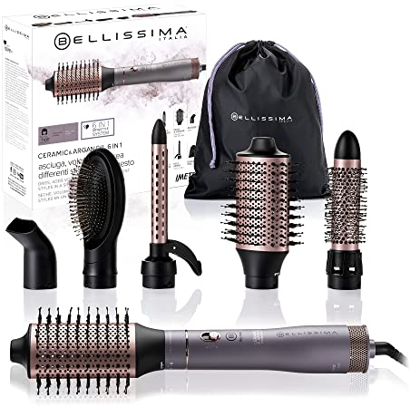 Bellissima Imetec Ceramic e Argan Oil 6 in 1, Spazzola ad Aria Calda, 6 Accessori, Tecnologia a Ioni, Spazzole Rivestite in Ceramica e Olio di Argan, Asciuga e Dona Volume, Colpo Aria Fredda, 1000 W
