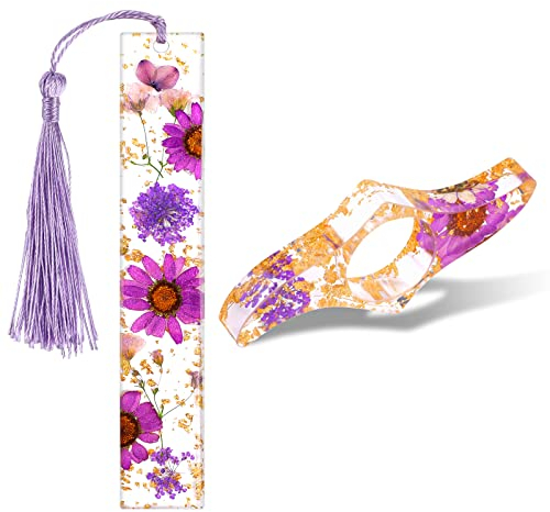 Ensemble support et marque-page en résine fleur séchée, marque-page pompon, accessoire livre mignon, cadeau pour amateurs de lecture