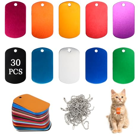 LALAGO 30 Stück Gelochte Blanko-Hundemarke aus Aluminium, Schlüsselanhänger Rohlinge, Bunte Hundemarken, Aluminium Haustiermarken mit Kette für Hunde Dog Tag, Hundemarke Personalisiert DIY