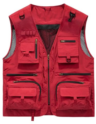 FITPOST Gilet cargo in rete traspirante con zip, gilet estivo da lavoro da uomo con tasche, gilet tattico ad asciugatura rapida multi-tasca, Rosso, XL