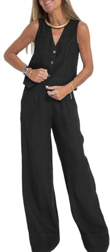 Conjuntos casuales de dos piezas de algodón y lino para mujer, chaleco sin mangas con botones, pantalones de pierna ancha, pantalones cómodos de señora, trajes de verano, traje de negocios, ropa de