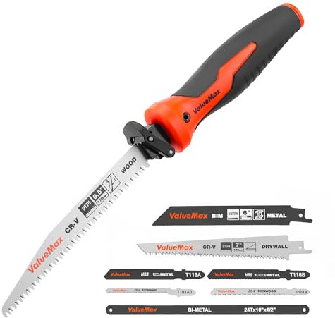 ValueMax Scie à Main Multifonction 8 en 1, Scie à Bois et Métaux avec 8 Lames Interchangeables, Poignée Ergonomique et Design Sécurisé, Idéale pour le Travail du Bois, du Métal et de la Cloison Sèche