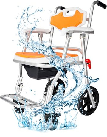 Joyfitness Sedia da Doccia Pieghevole Sedia a rotelle da Toilette per Doccia con 2 Ruote bloccabili, Sedia da Toilette per WC per Adulti in Lega di Alluminio per Bagno sul Comodino