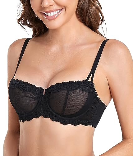 DotVol Women's Balconette Sheer Lace Half Cup Everyday Bra | Sexy See Through Lace, Breathable Mesh, Soft Unpadded Cup, Underwire Support, Demi Coverage, Square Neckline