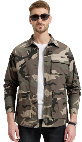 SungerdasaCamisa Hombre Militar Camuflaje Algodón Camisa de Trabajo Vintage con Múltiples Bolsillos Manga Larga Botones y Estilo Militar Casual para Exteriores