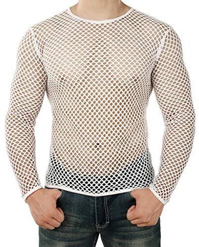 Fccrian Haut court d'été sexy à manches longues en résille pour homme - Col rond - Respirant - Coupe ajustée - Transparent, blanc, L
