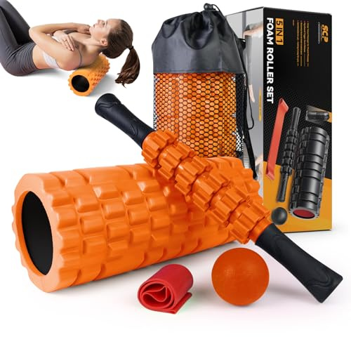 SUBCULTUREPICK 5-in-1 Foam Roller Set for Deep Tissue Muscle Massage, Trigger Point Fitness Tool with Muscle Stick Roller, Massage Ball, Stretching Strap for Whole Body (Orange-New)