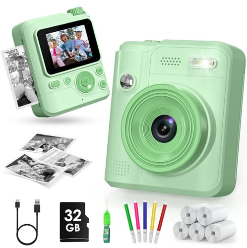 Gofunly Macchina Fotografica Bambini Istantanea, Fotocamera Istantanea 1080P HD Schermo per Bambini con 32GB Scheda, Fotocamera Digitale Regalo per Ragazze Ragazzi da 3-12 Anni