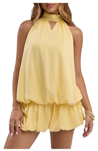 Verdusa Women's Cut Out Halter Satin Drop Waist Wedding Guest Dresses 2026 Mini Bubble Dress Butter Yellow Medium