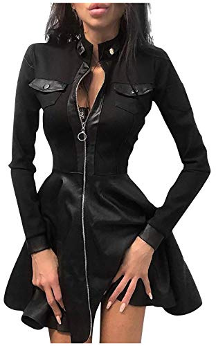 Abito sexy da donna con cerniera, in pelle, maniche lunghe, vestibilità slim vintage, gotico, mini abito elegante e chic, casual, stile steampunk, multiuso, per feste, club, abbigliamento, Nero , XL