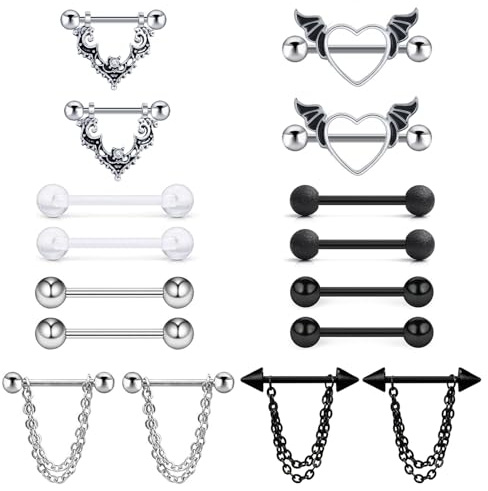 TYXHXTF 8 Paar Piercing Zunge, Zungenpiercing Brustwarzenpiercing, Nippelpiercing für Damen, Körperschmuck Set für Frauen（Schwarz）