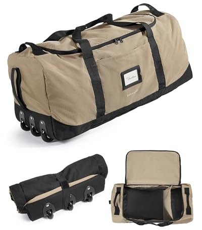 BAGSMART Sac de voyage pliable avec roulettes, 80 l, léger, 3 rouleaux, grand sac de voyage pour homme et femme, peut être enroulé et rangé, marron