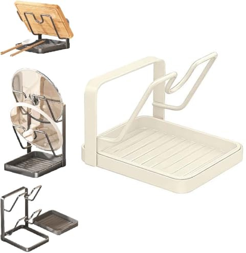 Generico Organizer Per Coperchio Pentola Con Poggiamestolo,Accessorio Da Cucina Con Vassoio Antigoccia,Poggiamestolo Con Design Resistente,Supporto Per Coperchio Per Piano Cottura,Bancone (Bianco 1)