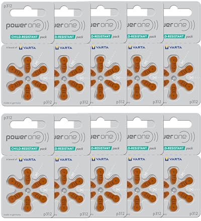 PowerOne Hearing Aid Batteries No Mercury Size 312, PR41 (60 Batteries) + Battery Keychain Kit
