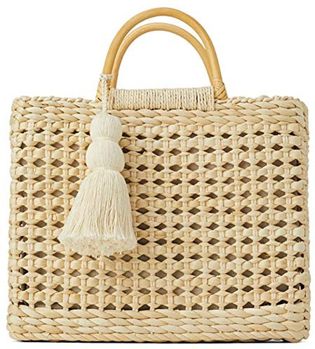 QZUnique Straw Bucket Bags for Women Top Handle Drawstring Woven Handbag Shoulder Bag Summer Beach Purses with Bamboo Handle