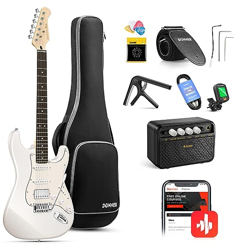 Donner E-Gitarre Set 39 Zoll mit Ahorn Griffbrett, E Gitarren mit Verstärker, Tasche, Capo, Gurt, Saiten, Tuner, Kabel und Plektren (Weiß)