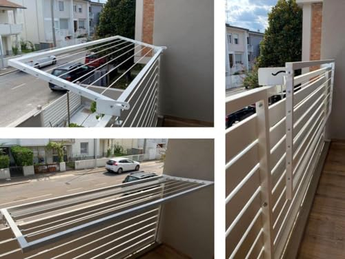 Flo.mar - Stendibiancheria da Balcone 70x150 cm da Fissare in Terrazza o Parete - Stendino da Balcone Esterno in Alluminio Tubolare Bianco - Stendibiancheria da Esterno Salvaspazio