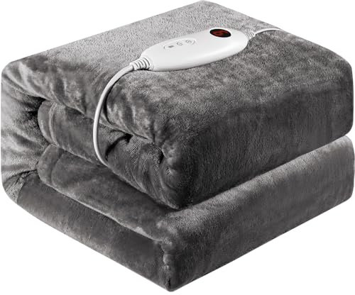 Värmefilt Elektrisk 180 x 130 cm, Elektriska sängfiltar med 6 temperaturnivåer och 9 Timmars Timer, maskintvättbar, med Överhettningsskydd, uppvärmd filt för soffa, säng, kontor, Grå (Grå)