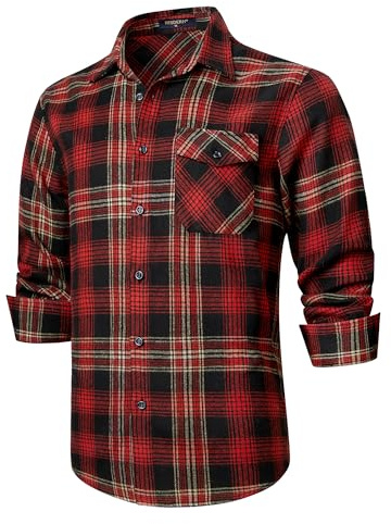 HISDERN Men's Shirts Long Sleeve Casual Plaid Flannel Shirt Checked Button Down Shirts Black/Burgundy 2XL