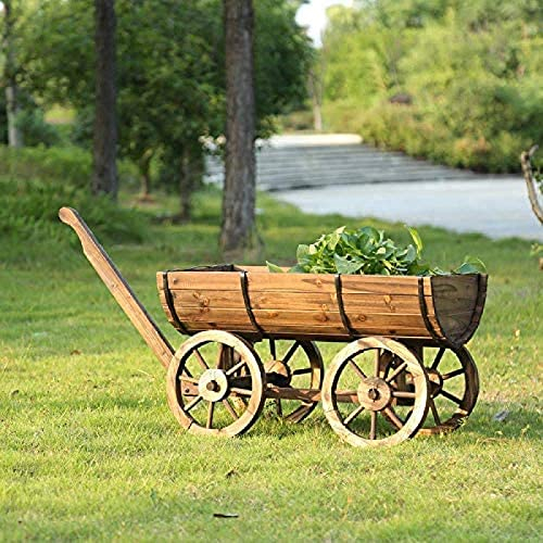 Carrello Rustico Fioriera in Legno Carrello portafiori Ornamentale Portavaso Secchio Patio Giardino