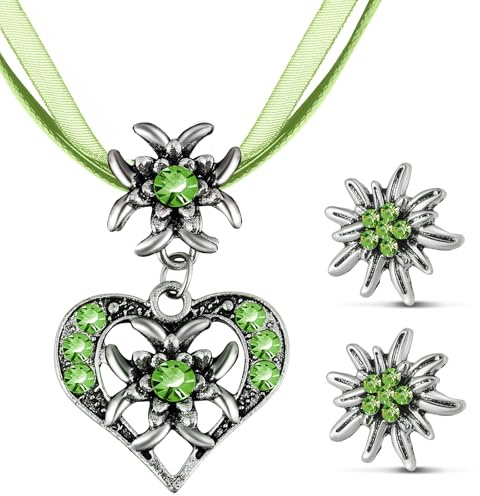 Patelai Set di 3 Gioielli Bavaresi Tradizionali Collana Tedesca con Ciondolo a Forma di Stella Alpina con Strass e Orecchini a Bottone di Stella Alpina per Donna Pantaloni in Pelle Dirndl (Verde)