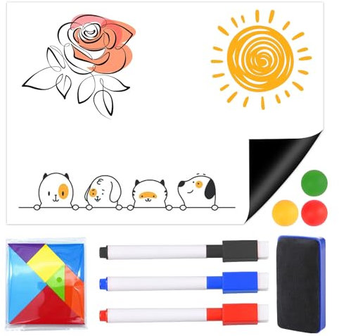 Asfrode Whiteboard Magnetisch Folie 60 x 40 cm, Selbstklebend Tafel Weiß Stark Abwischbare Magnet Whiteboard mit 3 x Stifte 6 x Magnetschnallen Radiergummi für Kühlschrank Büro