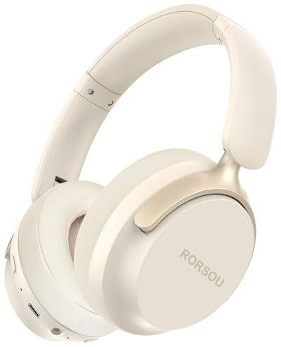 Auriculares Bluetooth RORSOU B8 de diadema, 6 modos de música EQ y 50 horas de reproducción, auriculares inalámbricos con micrófono y graves profundos, auriculares estéreo HiFi ligeros plegables Beige