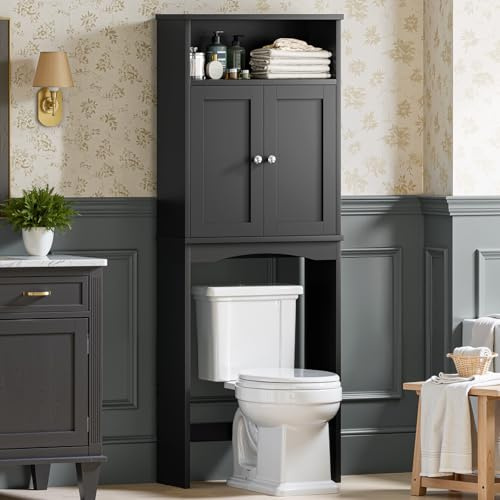 Meadaro Over The Toilet Storage Cabinet, Over Toilet Bathroom Organizer with Adjustable Shelf and Double Door, Over The Toilet Cabinet for Bathroom Storage Over The Toilet Bathroom Organizer, Black
