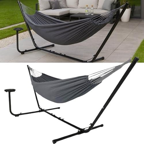 AVOID Hamac 2 Personnes avec Porte-gobelet - Gris - Base en Acier Solide Inclus - Tissu en Coton Confortable Respirant - Pour Intérieur, Jardin, Balcon et Terrasse - Charge maximale de 175 kg