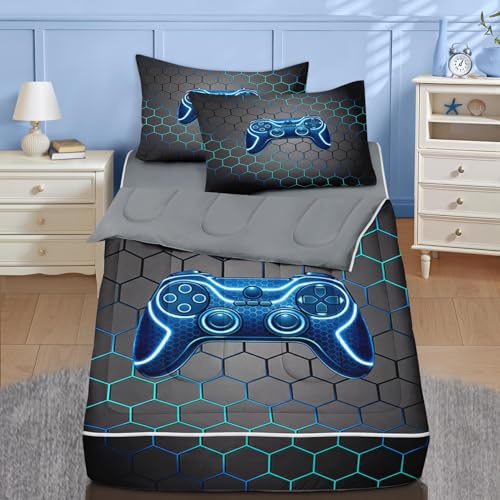Nesker Full Zipper Bedding, Gaming Gamepad Zipper Bedding Sets for Boys, 3pcs All in on one, Black Gamer Video Games Kids Comforter Set with Fitted Sheet and 2 Pillowcases