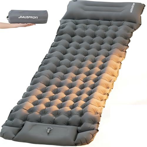HAUSPROFI Colchoneta aislante para camping, 10 cm, ultraligera, colchón de aire con bomba de pie y almohada, colchón inflable, compacto y ligero, esterilla de camping para senderismo, playa, exterior