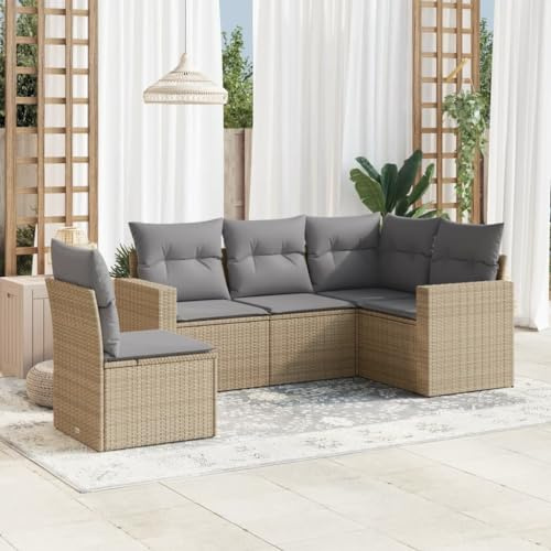 Frdhee Ensemble chaise longue de jardin, 5 pièces, ensemble de canapé de jardin, avec coussin, en polyrotin, groupe de bancs d'angle pour terrasse et balcon Beige
