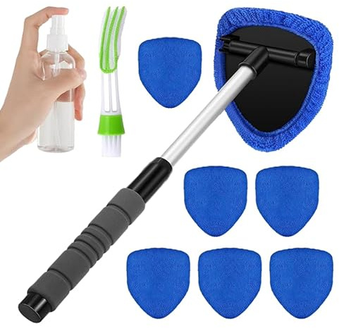 9PCs Car Windscreen Cleaner Tool,Interior Cleaning Tools,180° Rotating Head Extendable Windshield Demister Tool,Car Window Cleaning Tools with 6 Reusable Pads 1 Spray Bottle, 1 Air Conditioning Brush