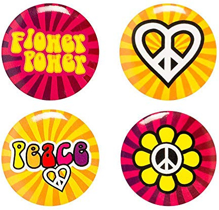 Boland 44508 - Buttons Hippie mit Anstecknadel, 4 Stück, Durchmesser 3 cm, Anstecker, Peace, Flower Power, Mitgebsel, Accessoire, Mottoparty, Karneval