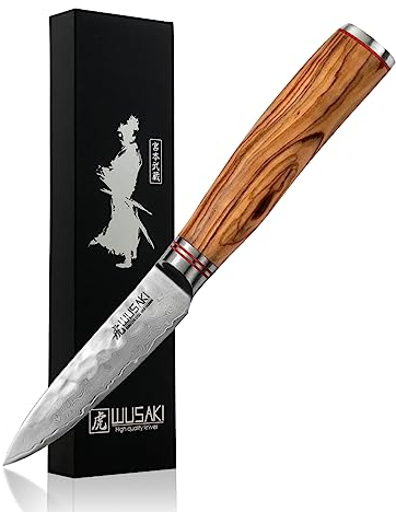 Wusaki - Couteau d'Office Design Japonais Lame Damas 9cm en Acier Inox 10Cr Manche Olivier - Vendu dans un Coffret Cadeau