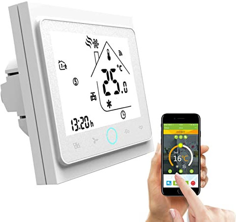 Qiumi Termostato WiFi, Controlador de Temperatura, Aire Acondicionado Inteligente, Controlador de Temperatura programable, con Pantalla LCD de 2 Tubos, Funciona con Alexa Página Principal de Google